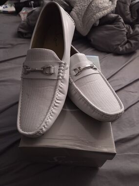 Men's White Slip-On Driving Loafers with Metal Bit